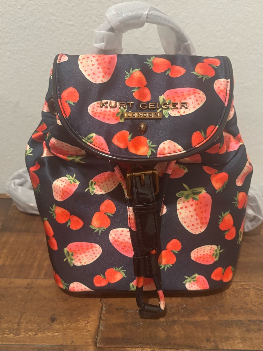 Kurt Geiger Navy Backpack with Red Strawberry Print - Picture 8 of 10